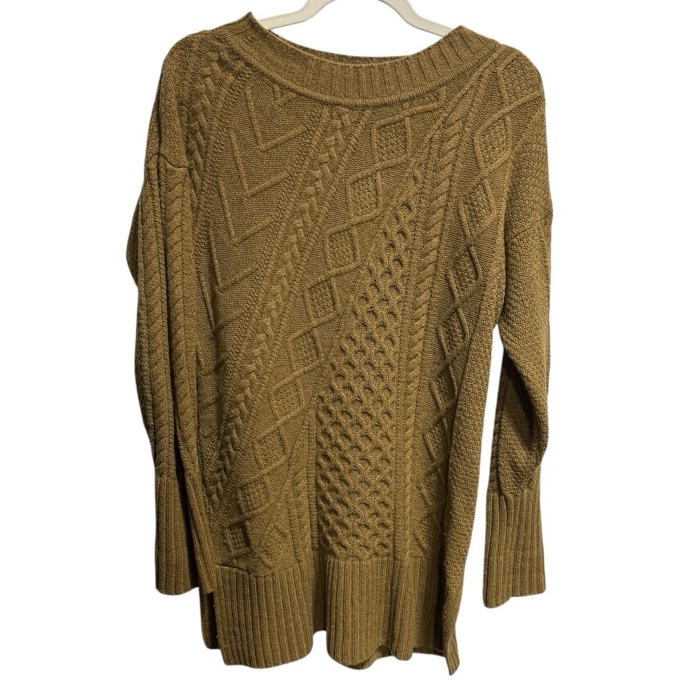 J. Crew Wool Blend Patchwork Cable Knit Tunic Sweater Sz Small Capsule Tan Camel - Picture 2 of 9